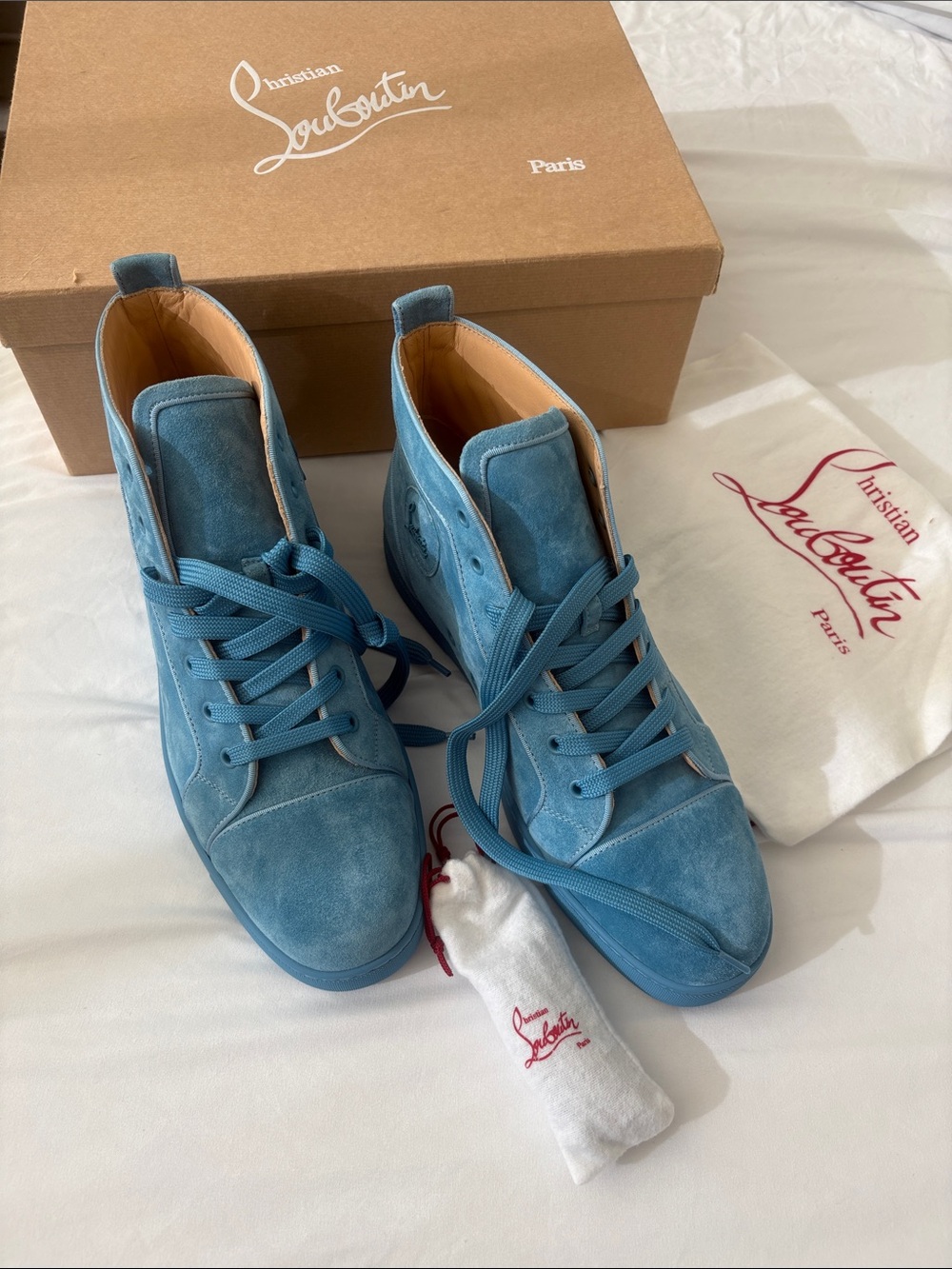 Christian Louboutin Men’s Light Blue Suede High-Top Boots